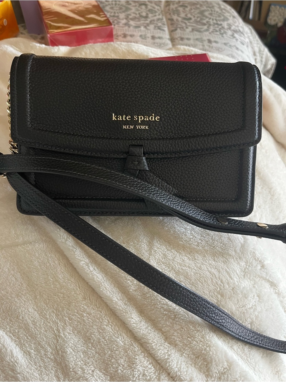 Kate Spade Black Pebbled Leather Small Crossbody with Gold Logo. NWOT